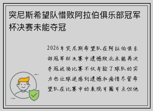 突尼斯希望队惜败阿拉伯俱乐部冠军杯决赛未能夺冠