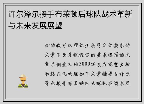 许尔泽尔接手布莱顿后球队战术革新与未来发展展望